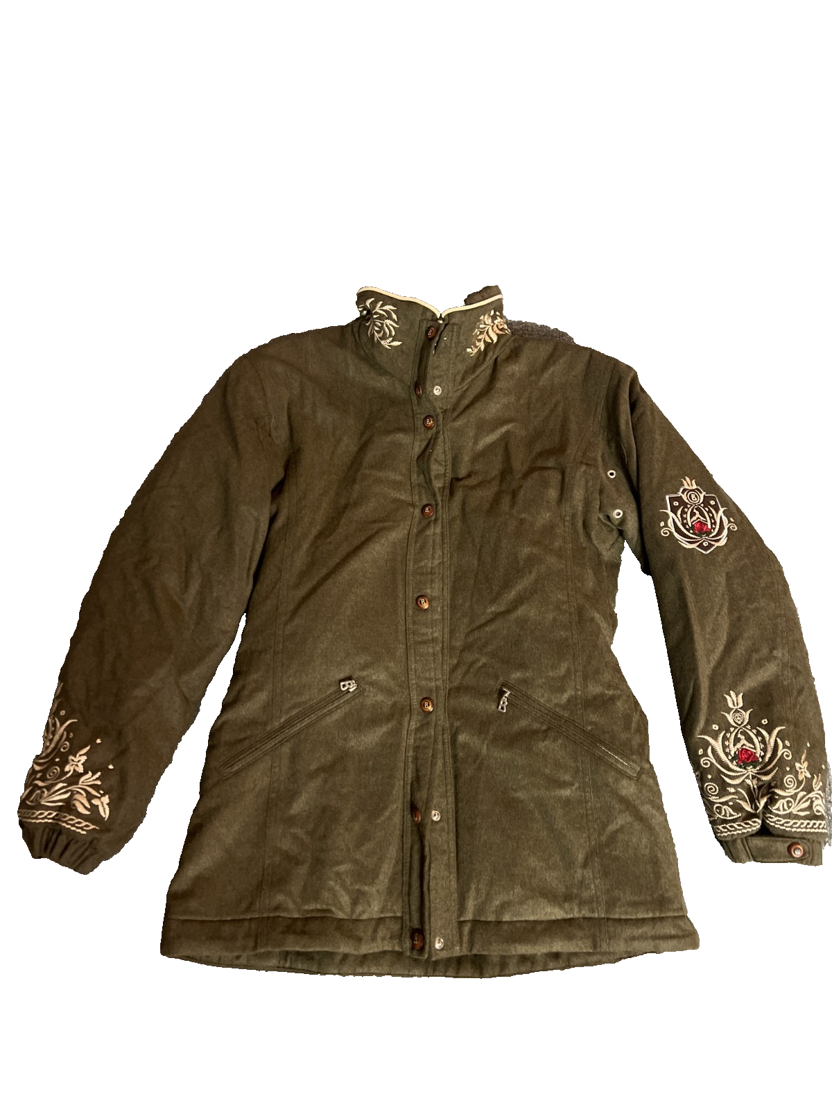 Bogner Womens Green Long Sleeve Collared Embroidered Belted Full Zip Jacket